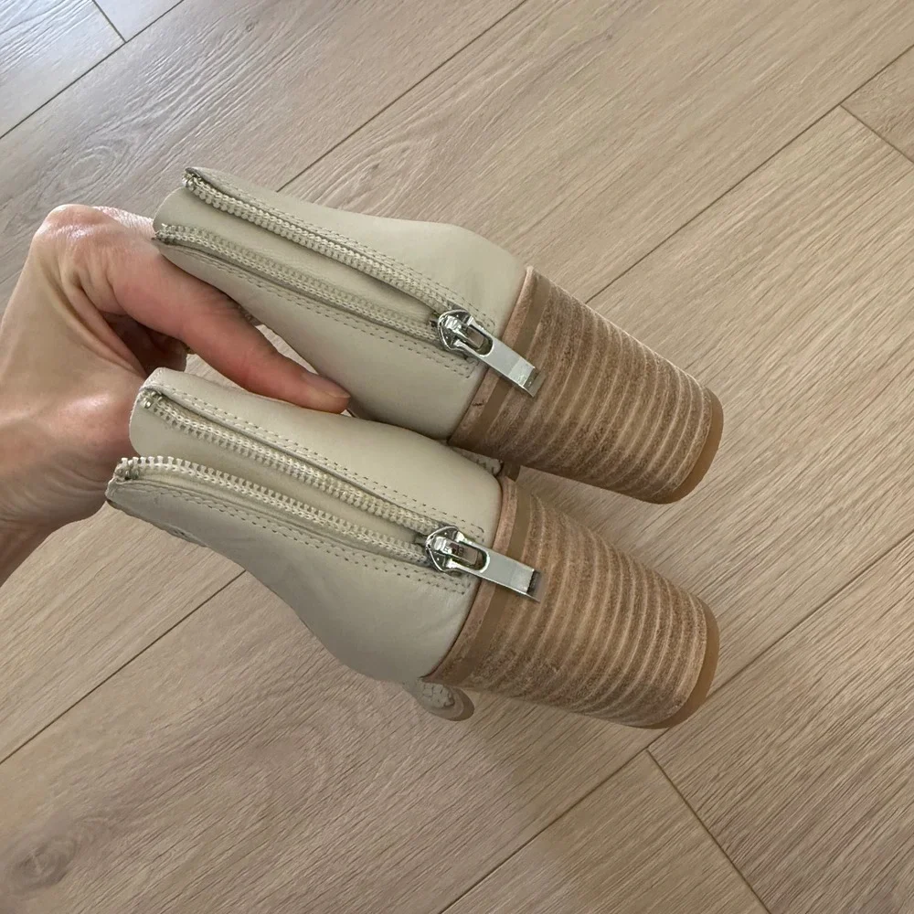 Woven Leather Pointed Toe Ankle Boots Cream‎ Block Heel Back Zip Size 7.5